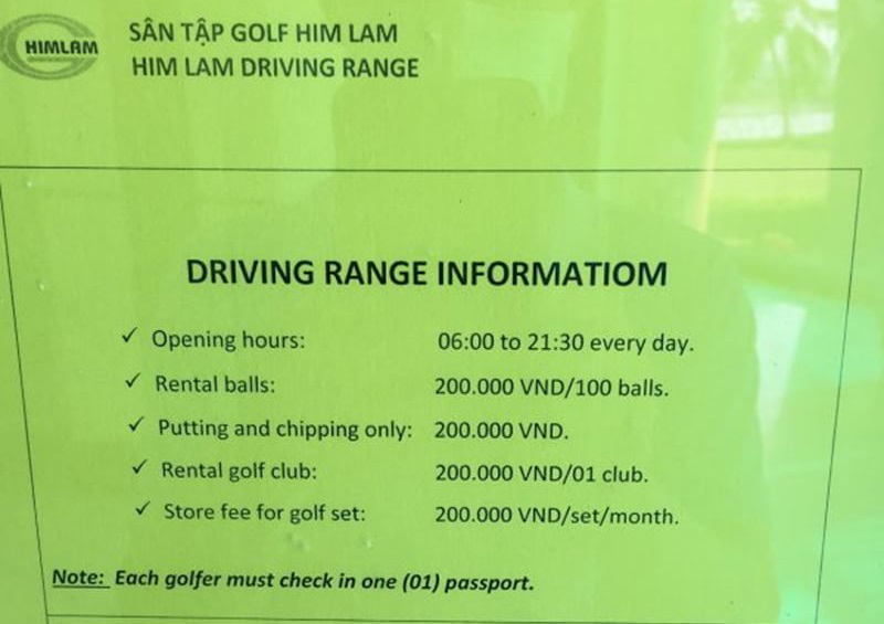 Bảng giá dịch vụ của sân golf Him Lam